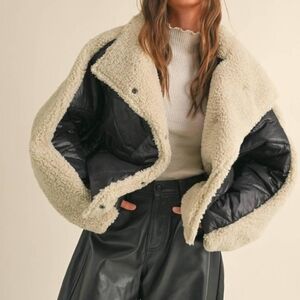 Cropped Cream and Black Sherpa Quilted Puffer Jacket NWT